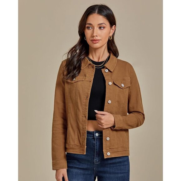 Women's Basic Button Down Stretch Fitted Long Sleeves Denim Jean Jacket Brown - Picture 6 of 8